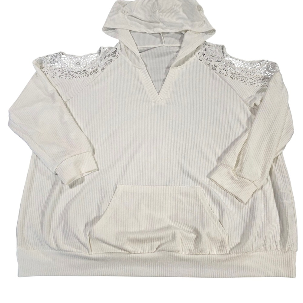 Shein Curve Pullover Sweatershirt Womens Ivory 2XL Lace V Neck Hooded Pocket